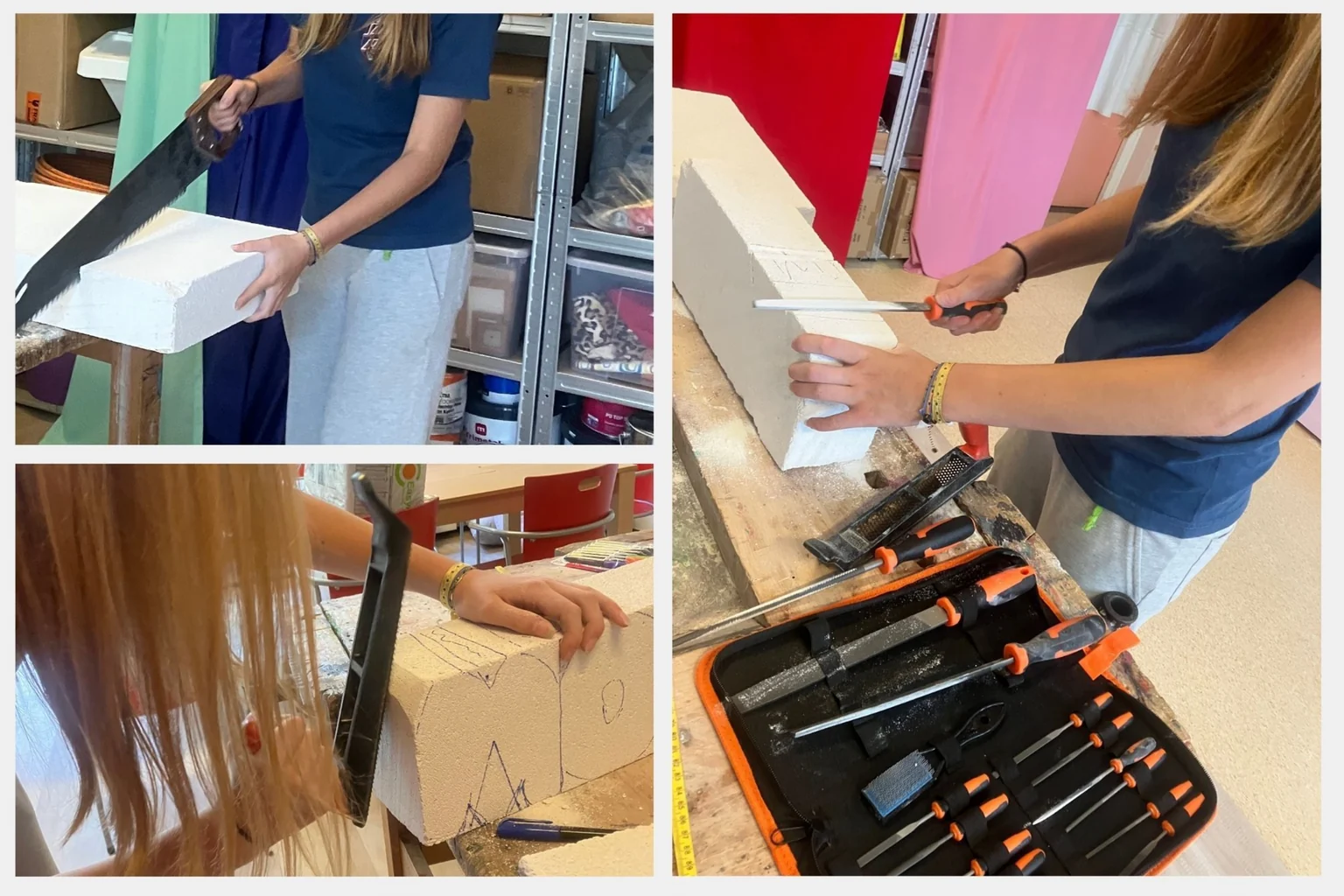 Beelden van het snijden en bewerken van schuim bij Studio Kokosnoot.