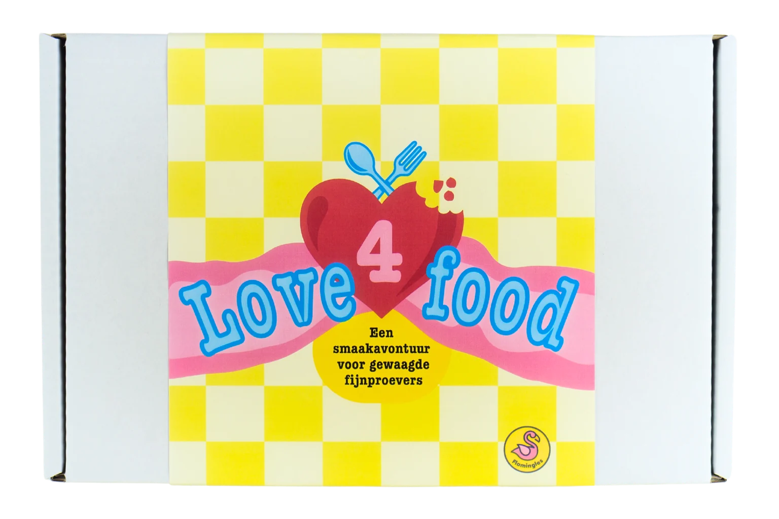 De Love-4-Food belevenisbox van Flamingles, met een kleurrijk vormgegeven doos.