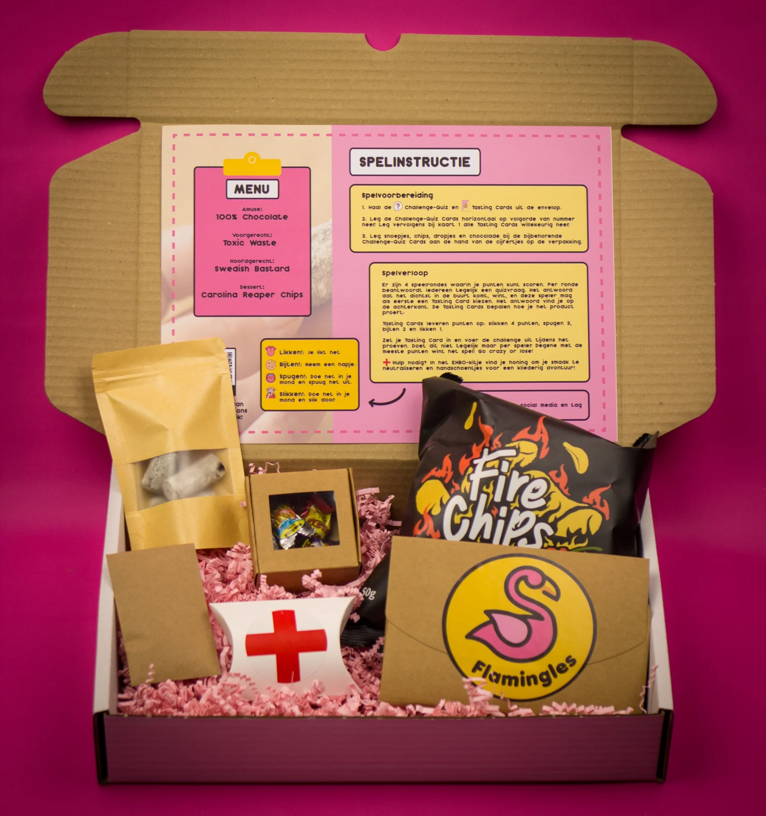 De geopende Love-4-Food belevenisbox van Flamingles met de inhoud.