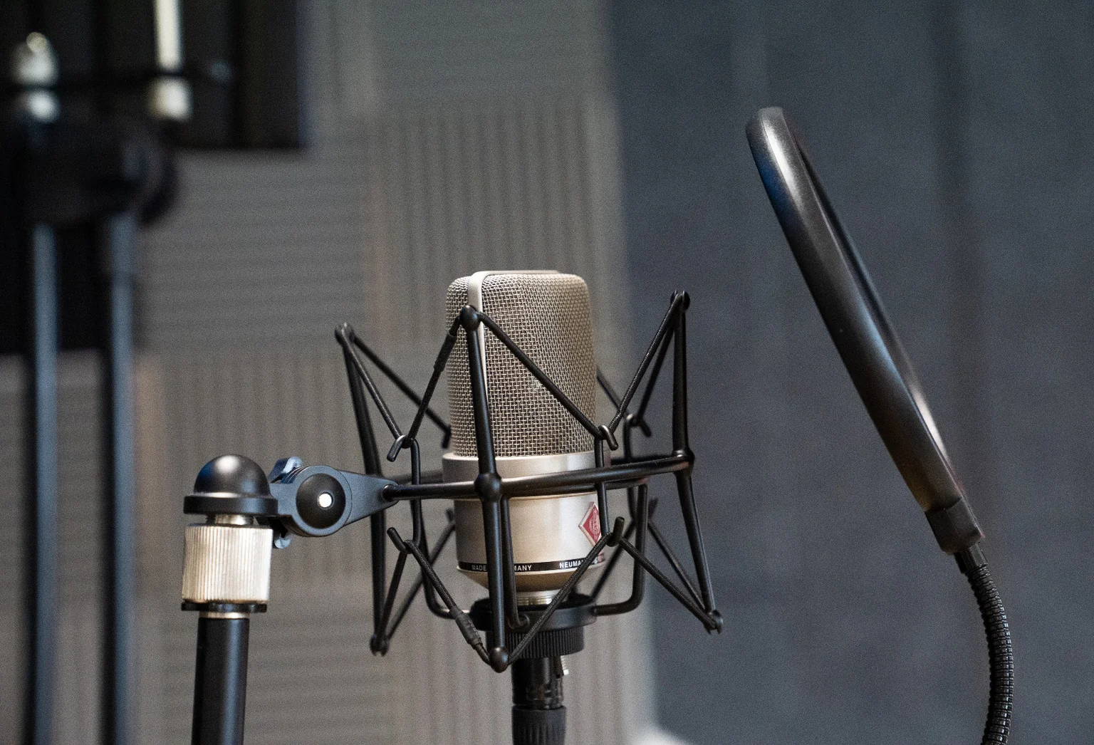 Opnamemicrofoon met popfilter in Studio Sintels.
