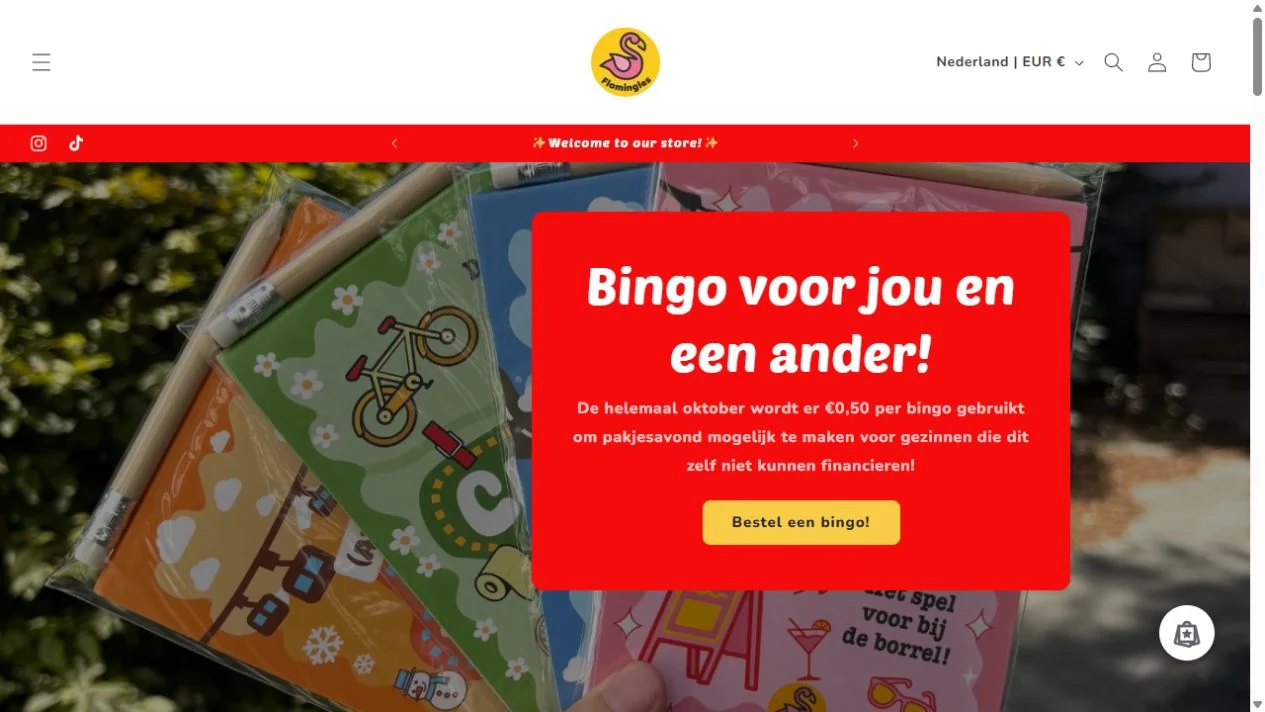 Screenshot van de eigen website van Flamingles.