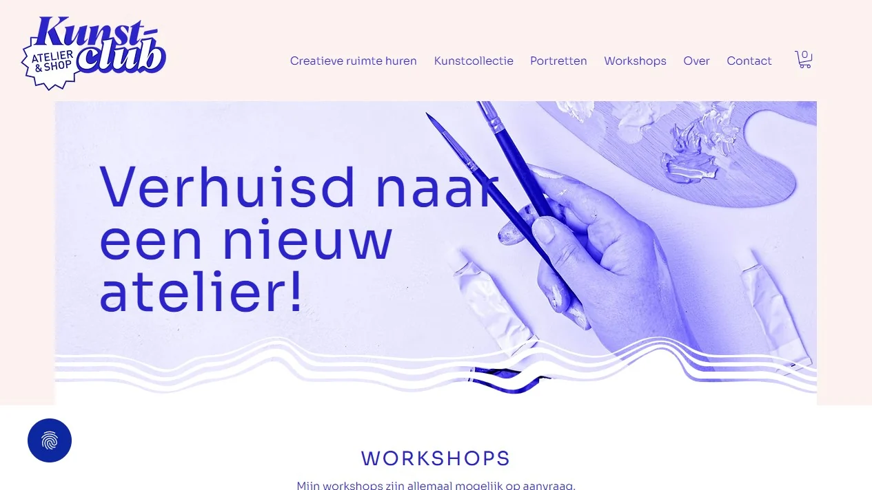 Screenshot van de eigen website van Kunst-club.