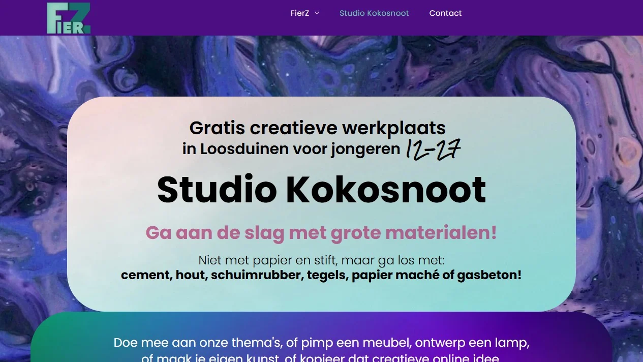 Screenshot van de eigen website van Studio Kokosnoot / FierZ.